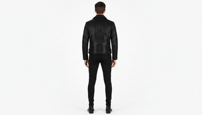 Mens Black Crystal Motorcycle Biker Leather Jacket Moto Rhinestone Slim Fit
