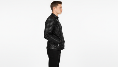 Mens Black Crystal Motorcycle Biker Leather Jacket Moto Rhinestone Slim Fit