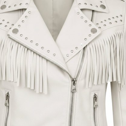 Women's White Genuine Leather Fringe Biker Jacket with Studded Detail – Trendy & Edgy