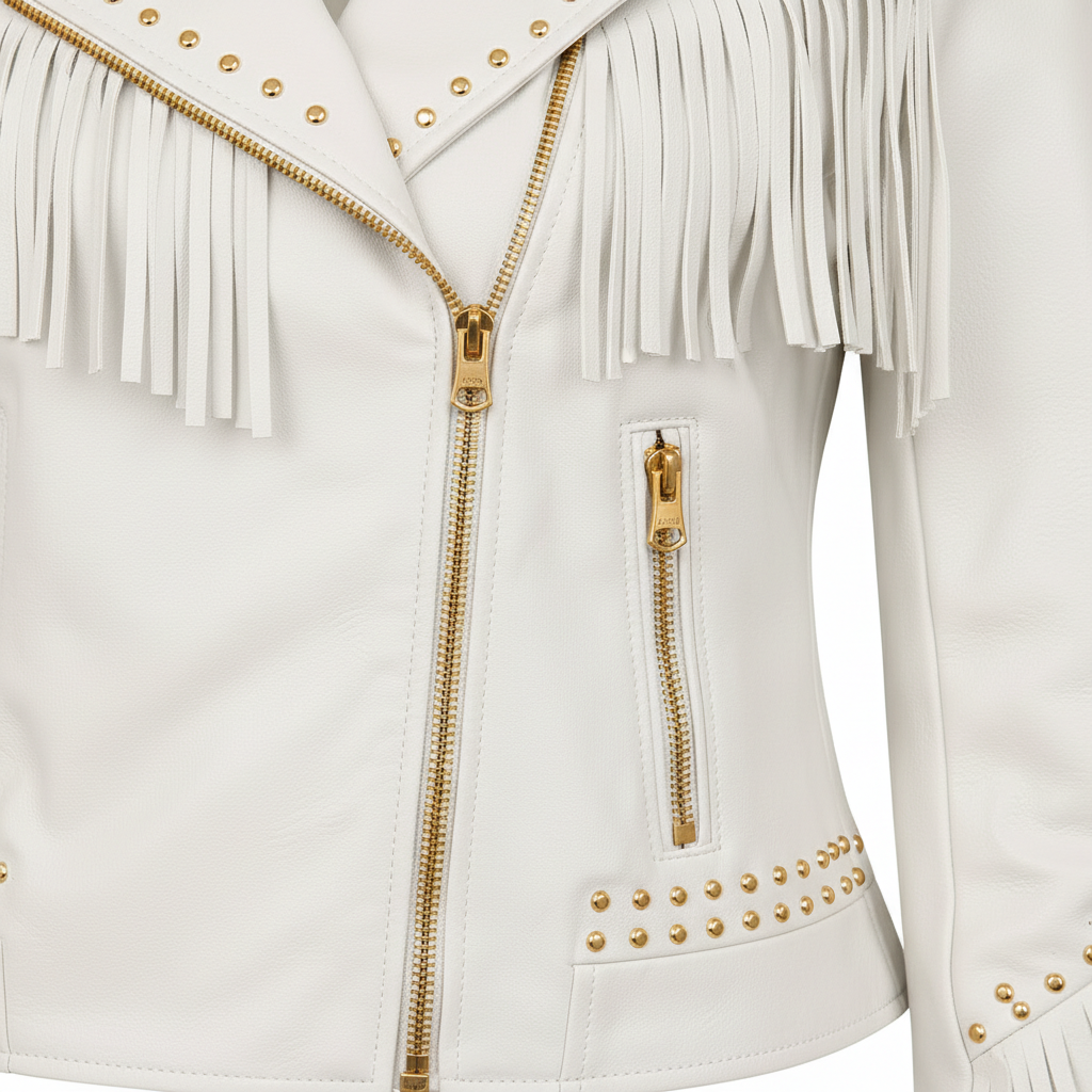 Women's White Genuine Leather Fringe Biker Jacket with Studded Detail – Trendy & Edgy