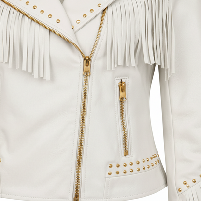 Women's White Genuine Leather Fringe Biker Jacket with Studded Detail – Trendy & Edgy