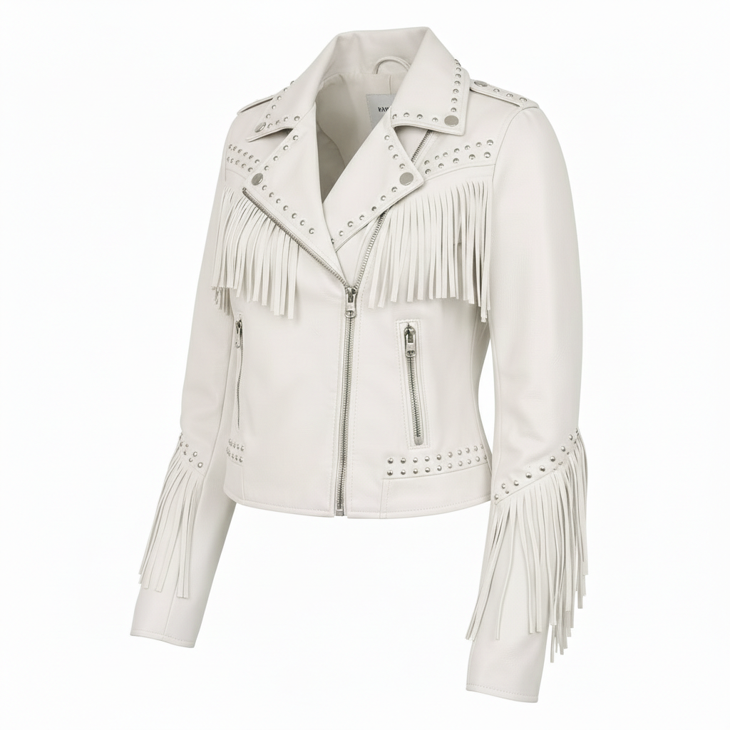 Women's White Genuine Leather Fringe Biker Jacket with Studded Detail – Trendy & Edgy