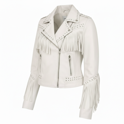 Women's White Genuine Leather Fringe Biker Jacket with Studded Detail – Trendy & Edgy