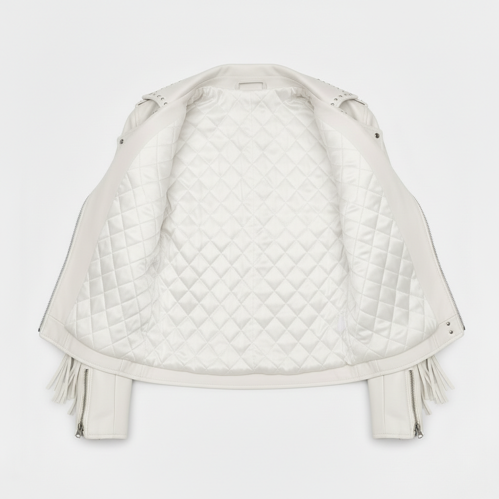 Women's White Genuine Leather Fringe Biker Jacket with Studded Detail – Trendy & Edgy