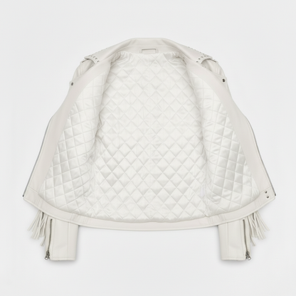 Women's White Genuine Leather Fringe Biker Jacket with Studded Detail – Trendy & Edgy
