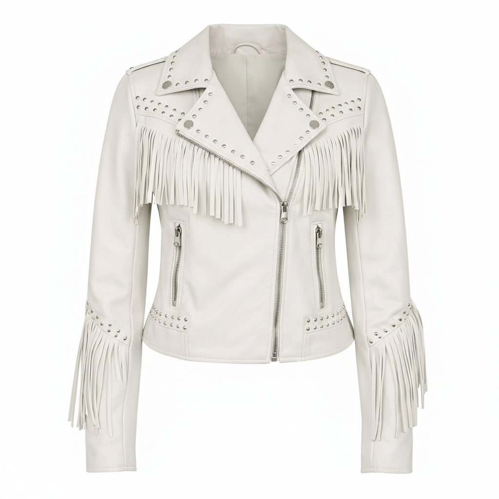 Women's White Genuine Leather Fringe Biker Jacket with Studded Detail – Trendy & Edgy