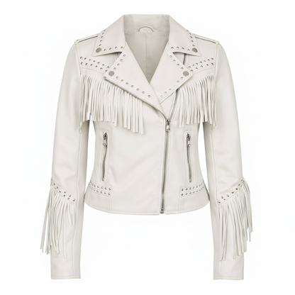 Women's White Genuine Leather Fringe Biker Jacket with Studded Detail – Trendy & Edgy