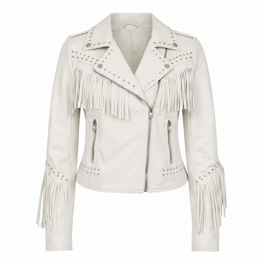Women's White Genuine Leather Fringe Biker Jacket with Studded Detail – Trendy & Edgy