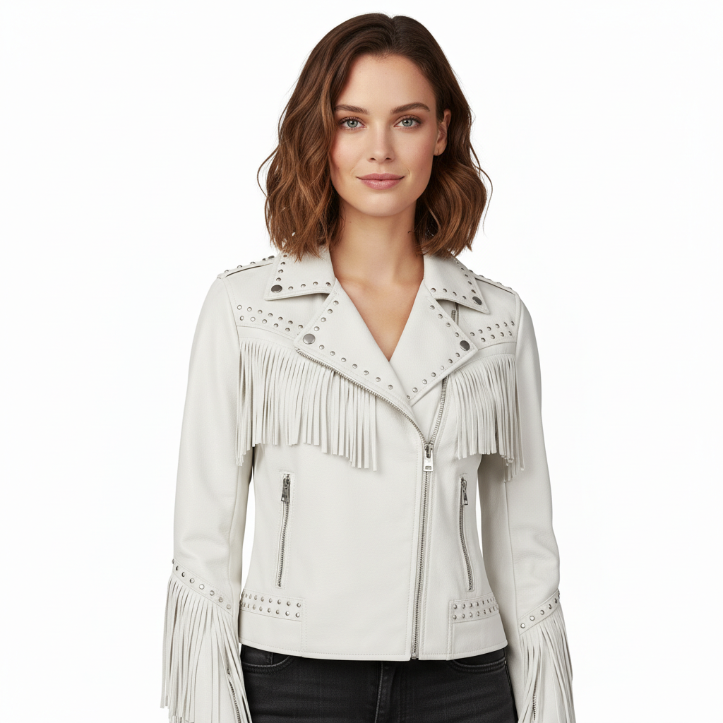 Women's White Genuine Leather Fringe Biker Jacket with Studded Detail – Trendy & Edgy