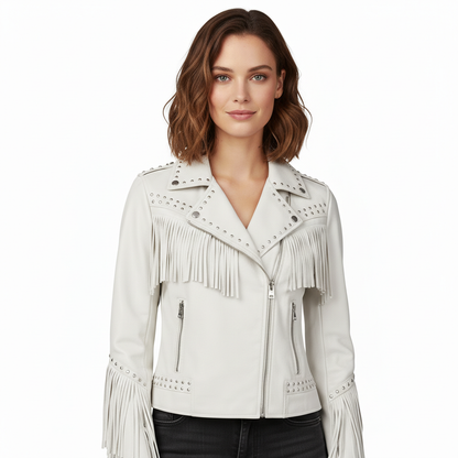 Women's White Genuine Leather Fringe Biker Jacket with Studded Detail – Trendy & Edgy