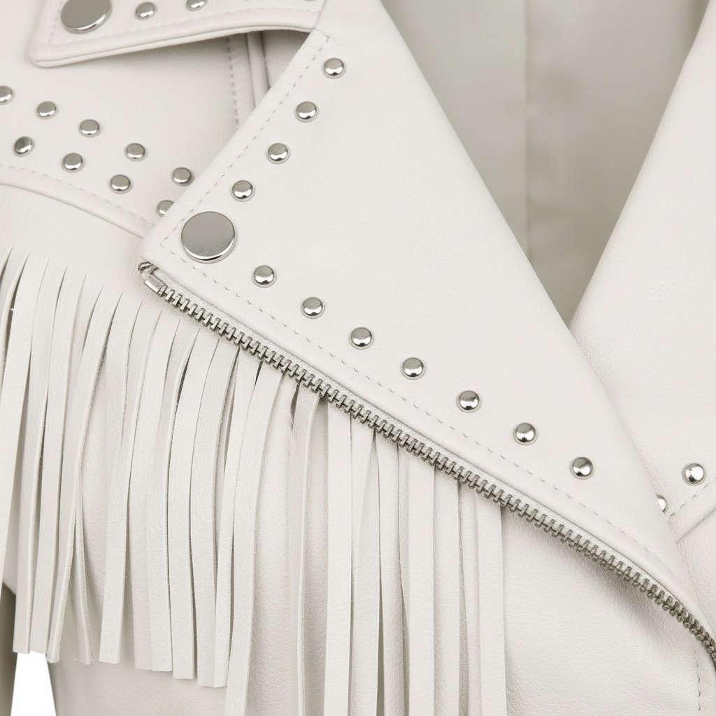 Women's White Genuine Leather Fringe Biker Jacket with Studded Detail – Trendy & Edgy