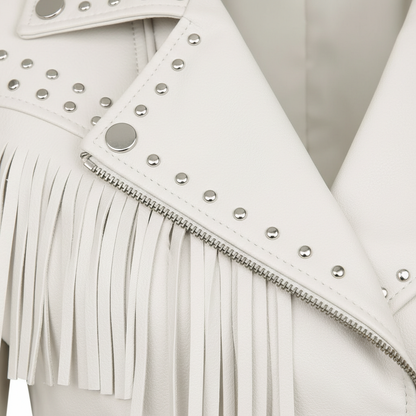 Women's White Genuine Leather Fringe Biker Jacket with Studded Detail – Trendy & Edgy