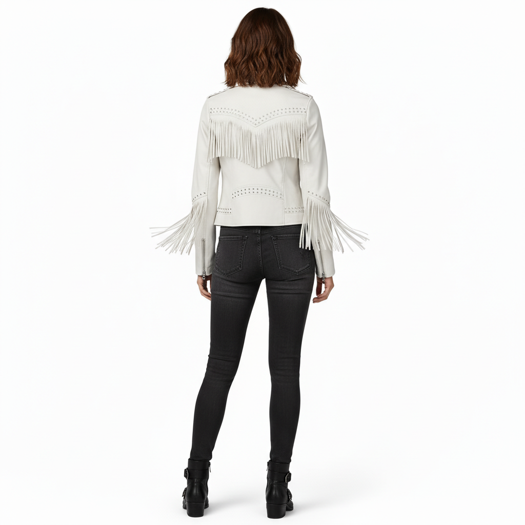 Women's White Genuine Leather Fringe Biker Jacket with Studded Detail – Trendy & Edgy
