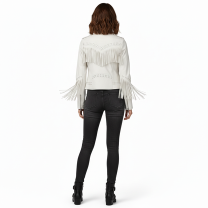 Women's White Genuine Leather Fringe Biker Jacket with Studded Detail – Trendy & Edgy