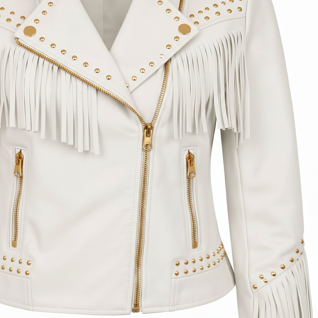 Women's White Genuine Leather Fringe Biker Jacket with Studded Detail – Trendy & Edgy