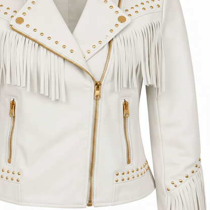 Women's White Genuine Leather Fringe Biker Jacket with Studded Detail – Trendy & Edgy