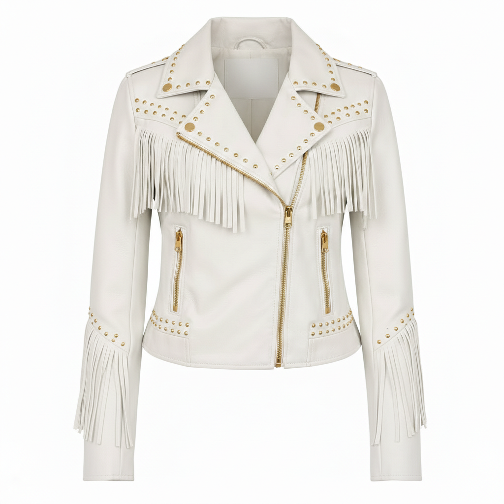 Women's White Genuine Leather Fringe Biker Jacket with Studded Detail – Trendy & Edgy