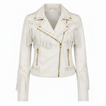 Women's White Genuine Leather Fringe Biker Jacket with Studded Detail – Trendy & Edgy