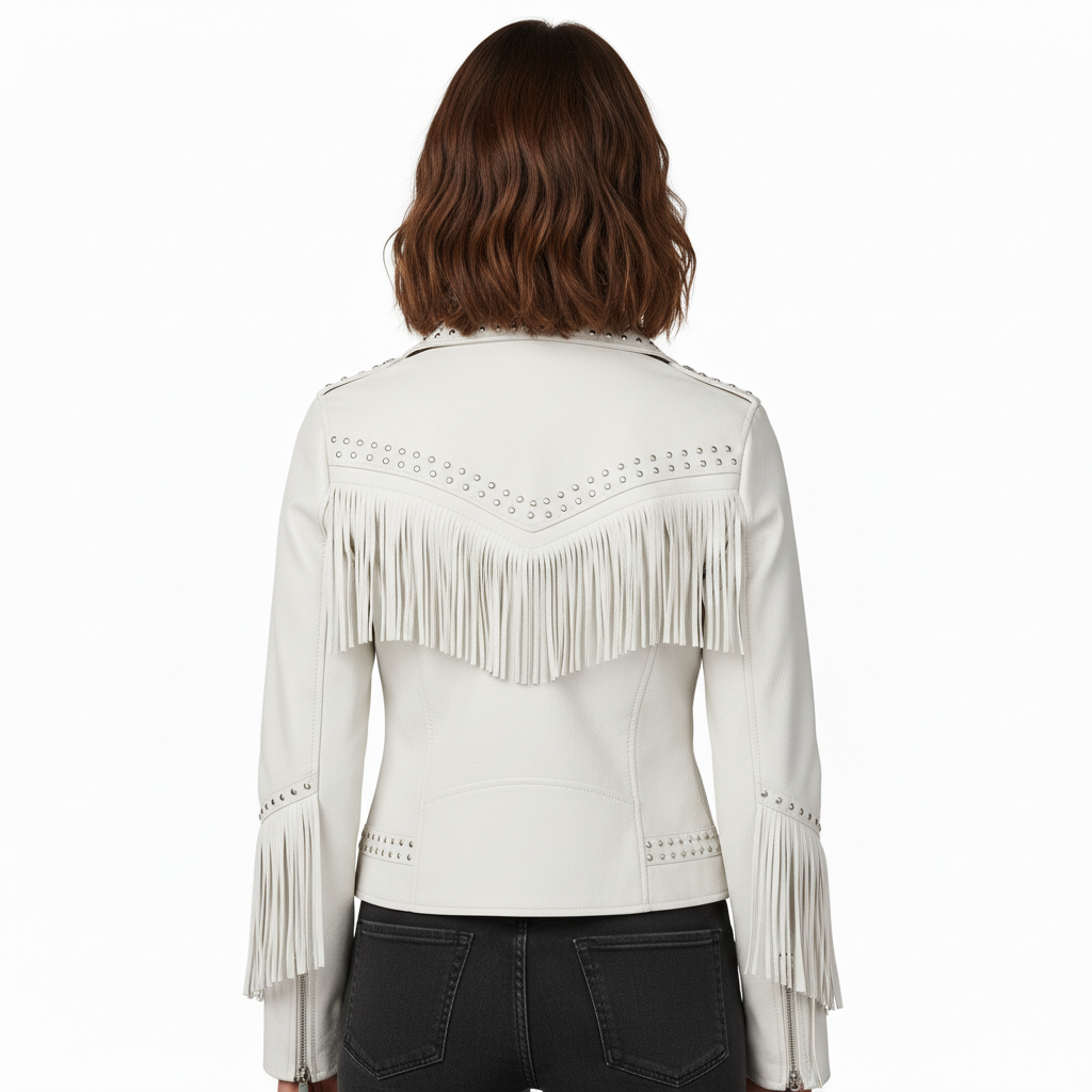 Women's White Genuine Leather Fringe Biker Jacket with Studded Detail – Trendy & Edgy