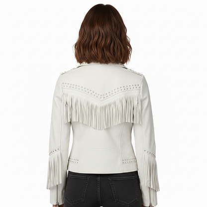 Women's White Genuine Leather Fringe Biker Jacket with Studded Detail – Trendy & Edgy