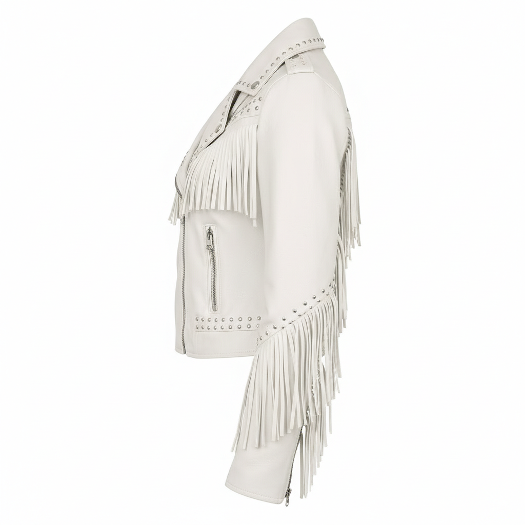Women's White Genuine Leather Fringe Biker Jacket with Studded Detail – Trendy & Edgy