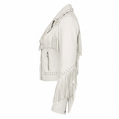 Women's White Genuine Leather Fringe Biker Jacket with Studded Detail – Trendy & Edgy