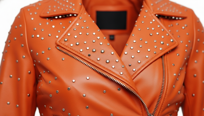 Orange Women’s Genuine Leather Studded Biker Jacket Stylish Moto Zippered Jacket