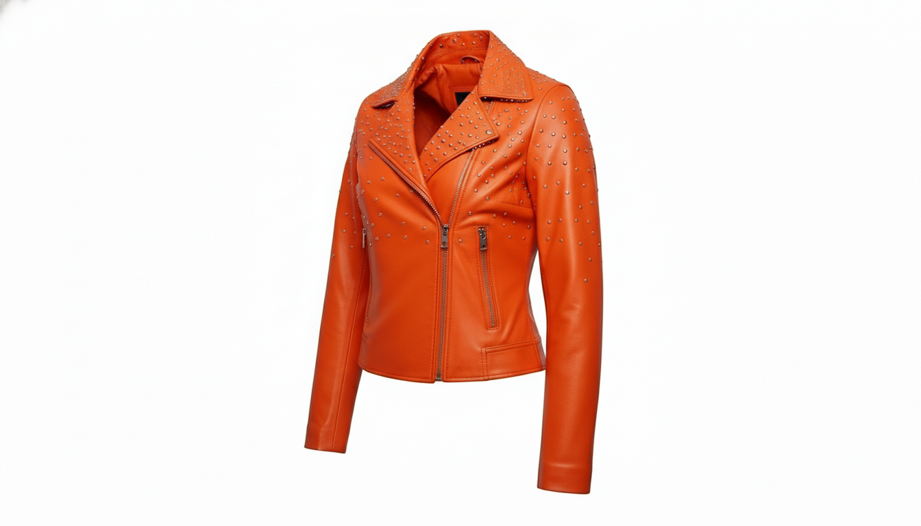 Orange Women’s Genuine Leather Studded Biker Jacket Stylish Moto Zippered Jacket