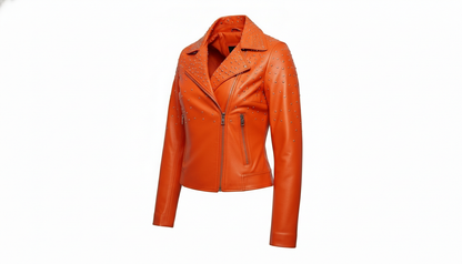 Orange Women’s Genuine Leather Studded Biker Jacket Stylish Moto Zippered Jacket