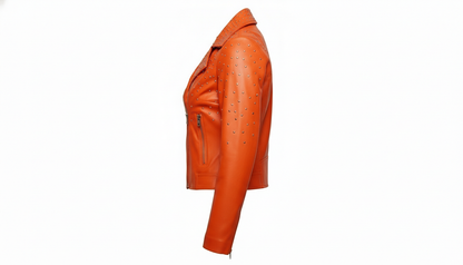 Orange Women’s Genuine Leather Studded Biker Jacket Stylish Moto Zippered Jacket