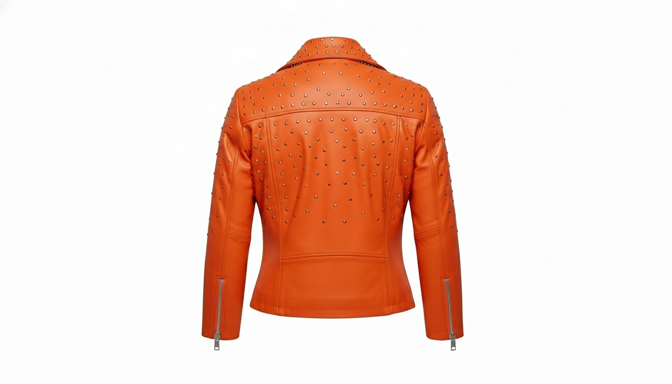 Orange Women’s Genuine Leather Studded Biker Jacket Stylish Moto Zippered Jacket