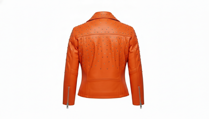 Orange Women’s Genuine Leather Studded Biker Jacket Stylish Moto Zippered Jacket