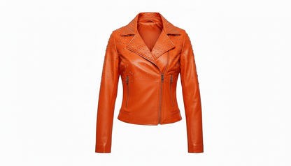 Orange Women’s Genuine Leather Studded Biker Jacket Stylish Moto Zippered Jacket