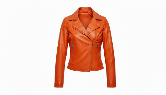 Orange Women’s Genuine Leather Studded Biker Jacket Stylish Moto Zippered Jacket