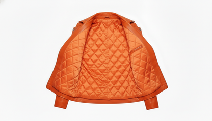 Orange Women’s Genuine Leather Studded Biker Jacket Stylish Moto Zippered Jacket