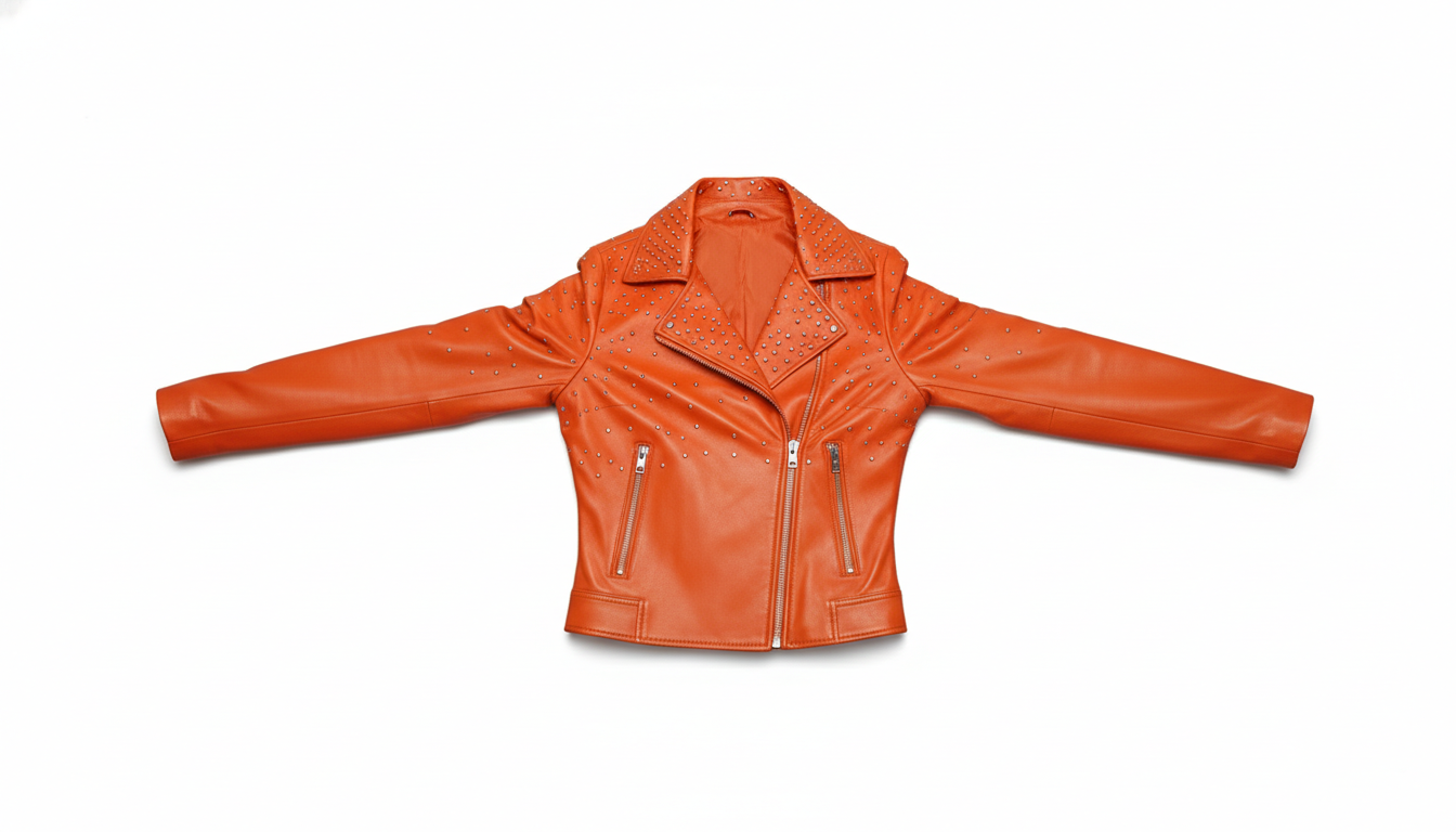 Orange Women’s Genuine Leather Studded Biker Jacket Stylish Moto Zippered Jacket