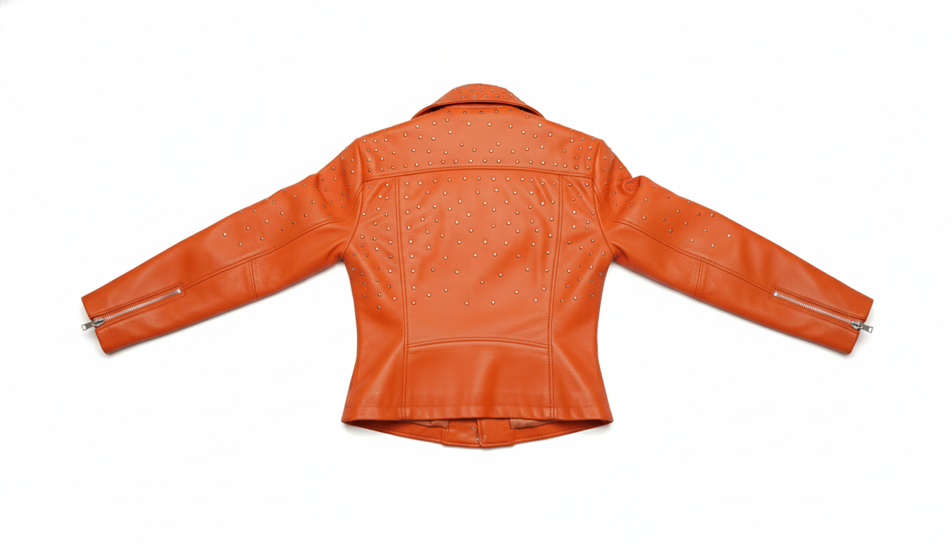 Orange Women’s Genuine Leather Studded Biker Jacket Stylish Moto Zippered Jacket