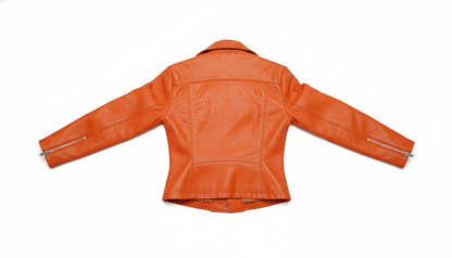 Orange Women’s Genuine Leather Studded Biker Jacket Stylish Moto Zippered Jacket
