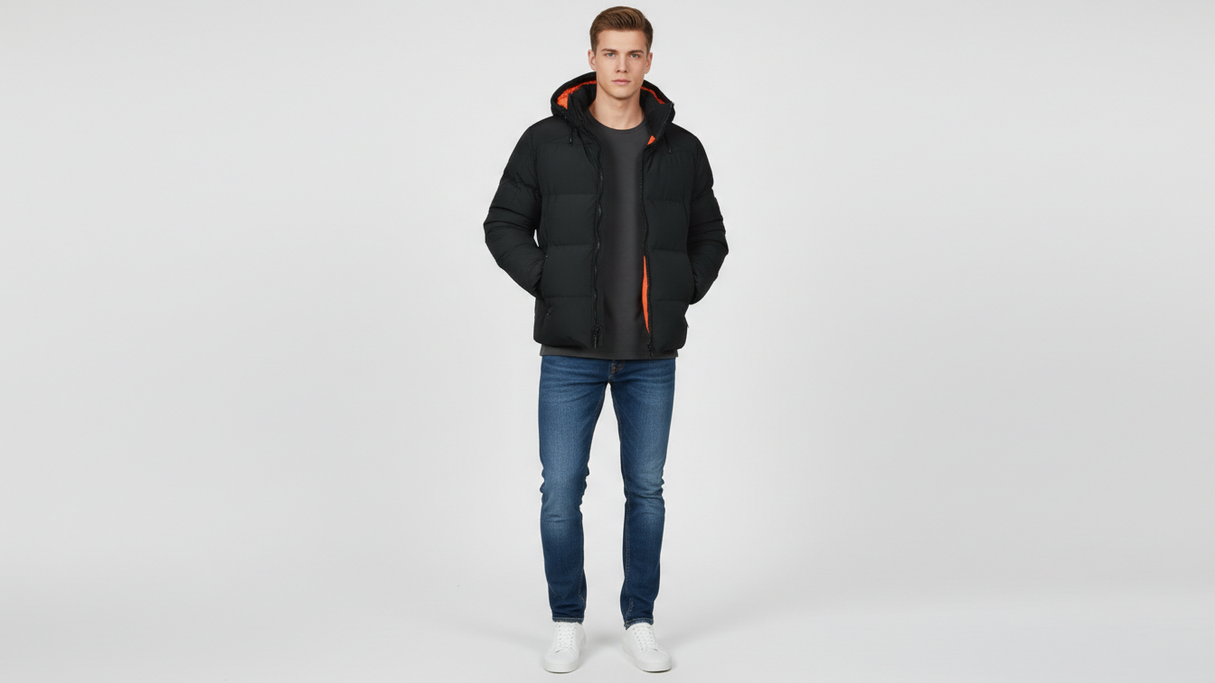 Men’s Black Puffer Jacket Hooded Winter Quilted Warm Lightweight Zip Coat
