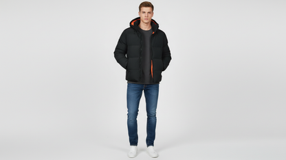 Men’s Black Puffer Jacket Hooded Winter Quilted Warm Lightweight Zip Coat