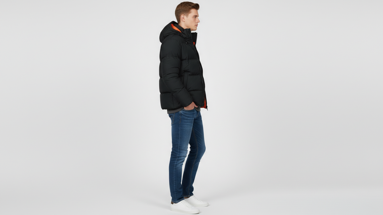 Men’s Black Puffer Jacket Hooded Winter Quilted Warm Lightweight Zip Coat