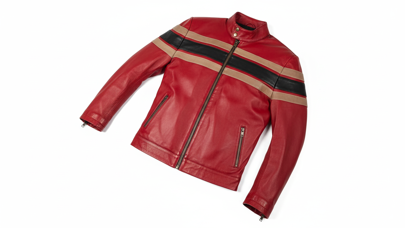 Men’s Red Genuine Leather Café Racer Motorcycle Jacket Racing Stripe Biker Coat