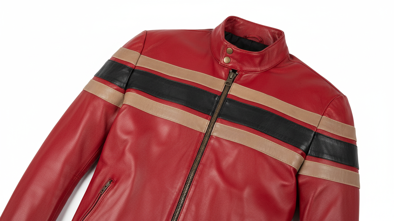 Men’s Red Genuine Leather Café Racer Motorcycle Jacket Racing Stripe Biker Coat