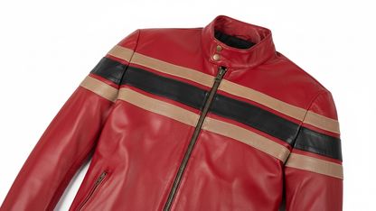 Men’s Red Genuine Leather Café Racer Motorcycle Jacket Racing Stripe Biker Coat