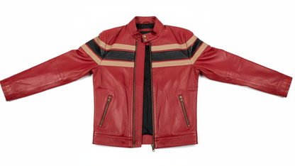 Men’s Red Genuine Leather Café Racer Motorcycle Jacket Racing Stripe Biker Coat