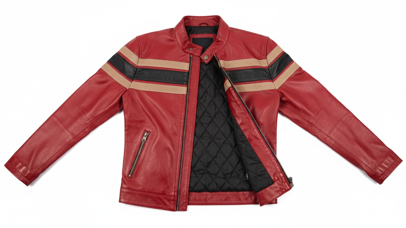 Men’s Red Genuine Leather Café Racer Motorcycle Jacket Racing Stripe Biker Coat