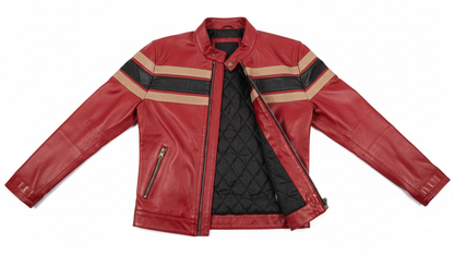 Men’s Red Genuine Leather Café Racer Motorcycle Jacket Racing Stripe Biker Coat