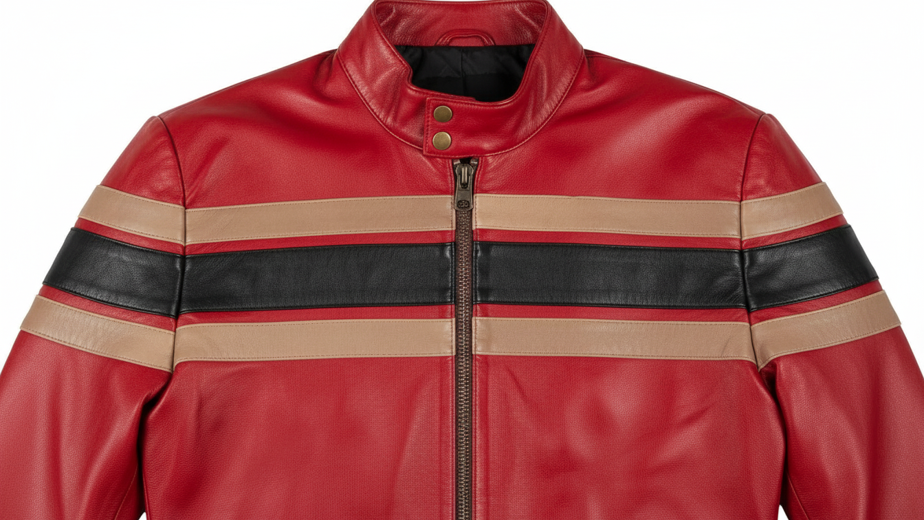 Men’s Red Genuine Leather Café Racer Motorcycle Jacket Racing Stripe Biker Coat