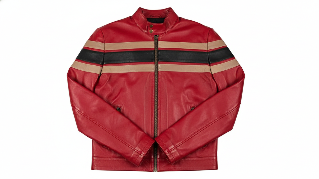 Men’s Red Genuine Leather Café Racer Motorcycle Jacket Racing Stripe Biker Coat