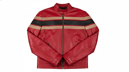 Men’s Red Genuine Leather Café Racer Motorcycle Jacket Racing Stripe Biker Coat